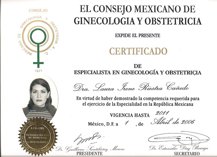 Certificado de Especialista en Ginecología y Obstetricia